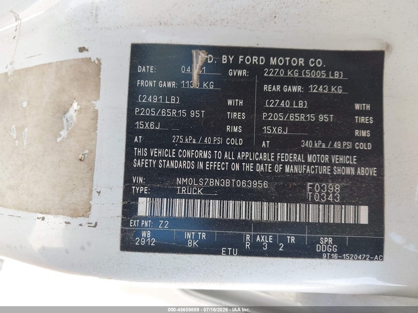 2011 Ford Transit connect VIN NM0LS7BN3BT063956 IAAI salvage auction — NORMAL WEAR, Clear (North Carolina), sold $125 on 2026-07-24 (photo 9)