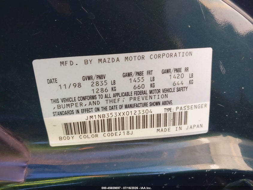 1999 Mazda Mx-5 miata VIN JM1NB353XX0123304 IAAI salvage auction — NORMAL WEAR, Clear - Dealer Only (California), sold $300 on 2026-07-29 (photo 9)