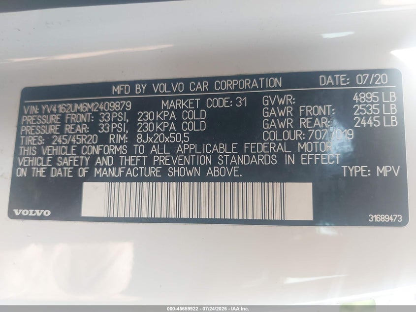 2021 Volvo Xc40 VIN YV4162UM6M2409879 IAAI salvage auction — SIDE, Salvage Title, sold $5,450 on 2026-08-09 (photo 9)