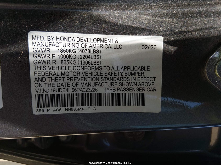 2023 Acura Integra VIN 19UDE4H66PA023226 IAAI salvage auction — FRONT END, Salvage (Texas), sold $3,600 on 2026-09-15 (photo 9)