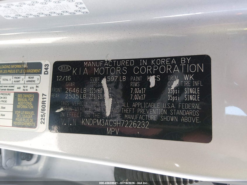 2017 Kia Sportage VIN KNDPM3AC9H7226232 IAAI salvage auction — NORMAL WEAR, Salvage Title, sold $2,850 on 2026-07-29 (photo 9)
