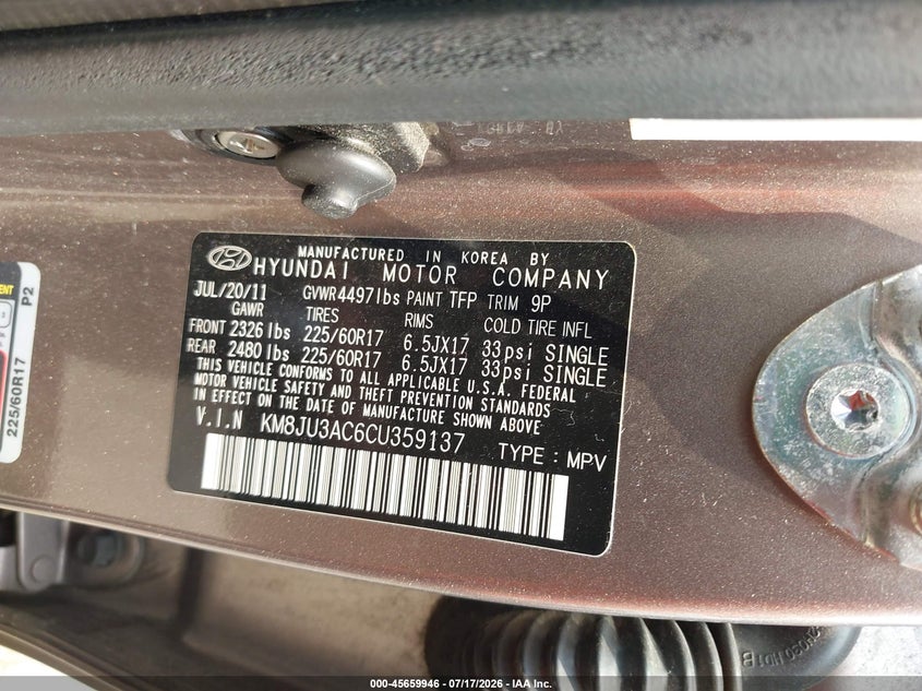 2012 Hyundai Tucson VIN KM8JU3AC6CU359137 IAAI salvage auction — NORMAL WEAR, Clear (Virginia), sold $675 on 2026-07-29 (photo 9)