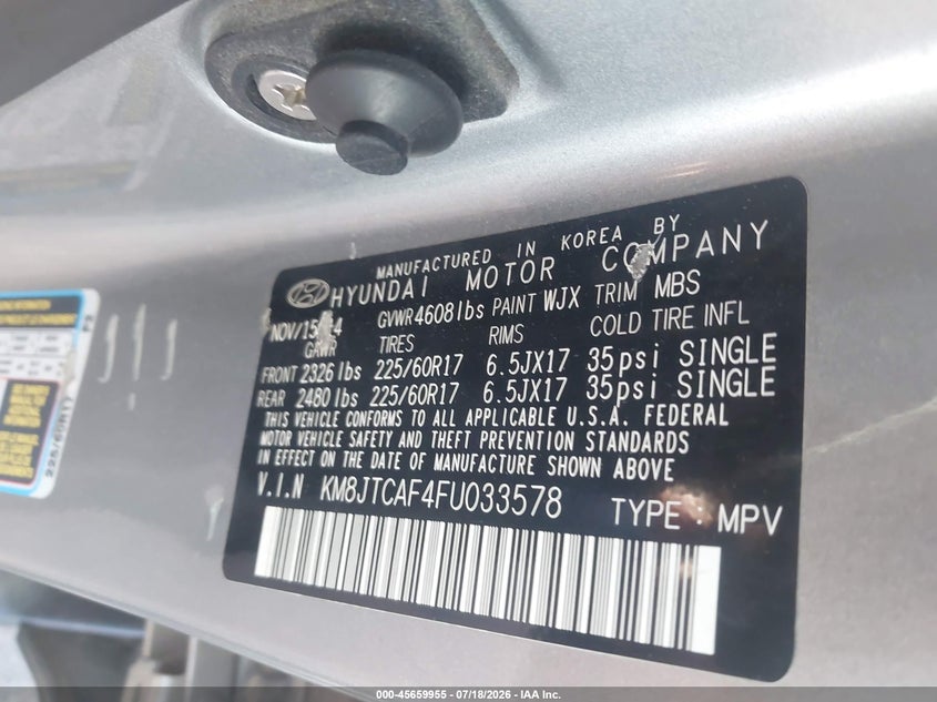 2015 Hyundai Tucson VIN KM8JTCAF4FU033578 IAAI salvage auction — NORMAL WEAR, Clear (Colorado), sold $1,725 on 2026-08-01 (photo 9)