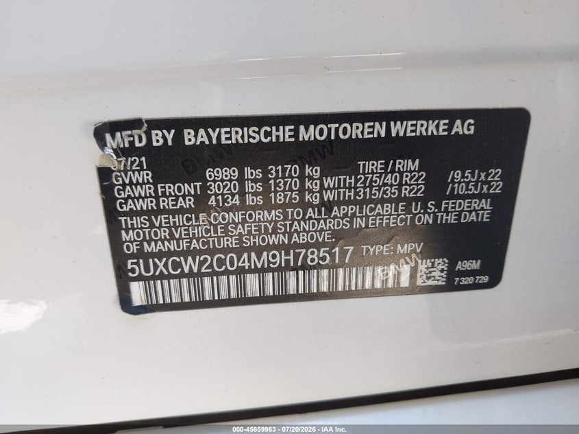 2021 BMW X7 VIN 5UXCW2C04M9H78517 IAAI salvage auction — REAR END, Original (Texas), sold $25,000 on 2026-08-29 (photo 9)
