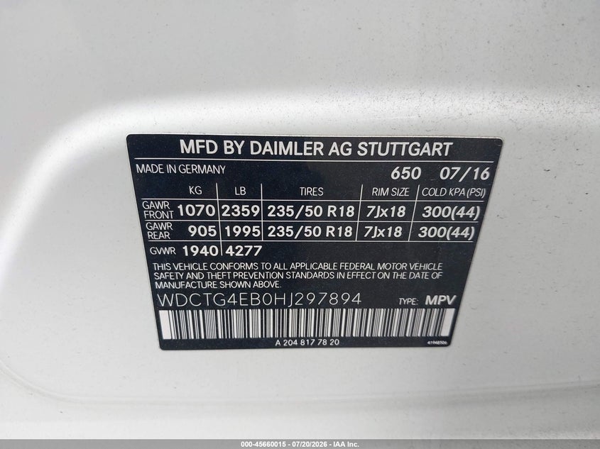 2017 Mercedes-benz Gla-klasse VIN WDCTG4EB0HJ297894 IAAI salvage auction — LEFT SIDE, Salvage Title, sold $2,675 on 2026-09-04 (photo 9)
