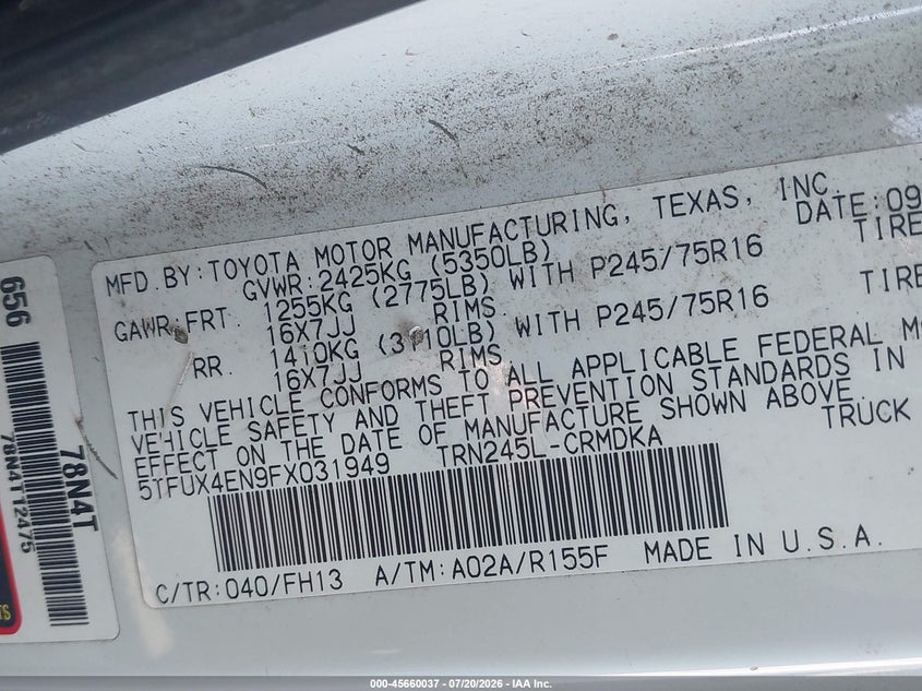 2015 Toyota Tacoma VIN 5TFUX4EN9FX031949 IAAI salvage auction — FRONT END, Clear (Pennsylvania), sold $3,550 on 2026-07-30 (photo 9)