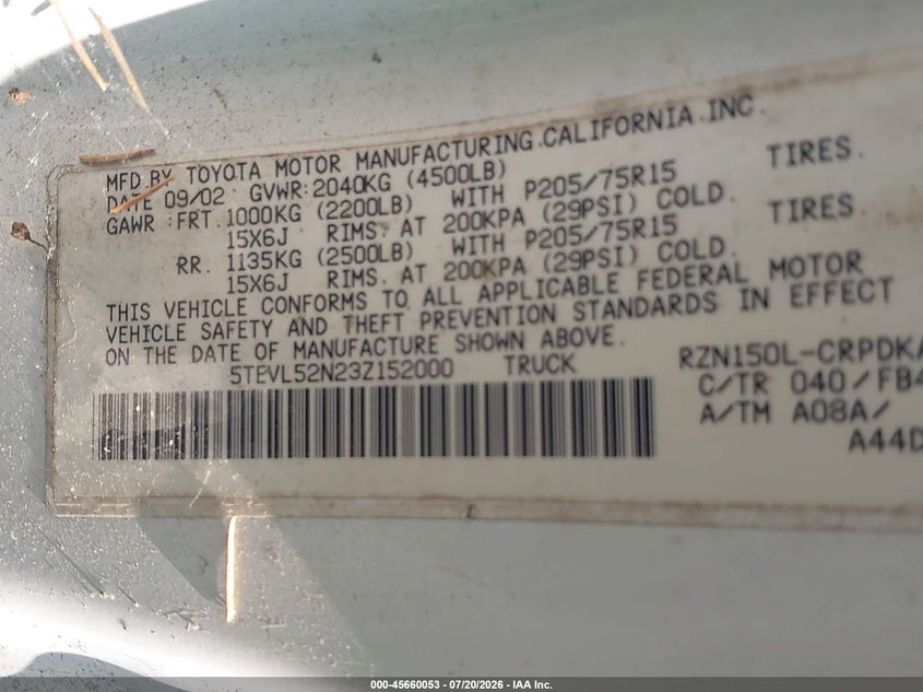 2003 Toyota Tacoma VIN 5TEVL52N23Z152000 IAAI salvage auction — NORMAL WEAR, Original (Ohio), sold $1,250 on 2026-07-30 (photo 9)