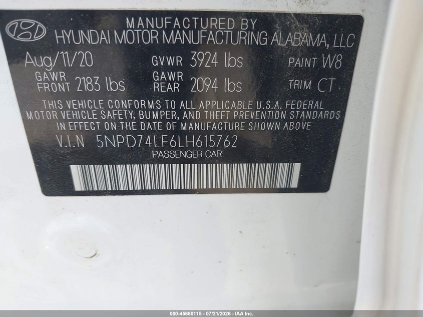 2020 Hyundai Elantra VIN 5NPD74LF6LH615762 IAAI salvage auction — REAR END, SF97 (California), sold $9,600 on 2026-08-25 (photo 9)