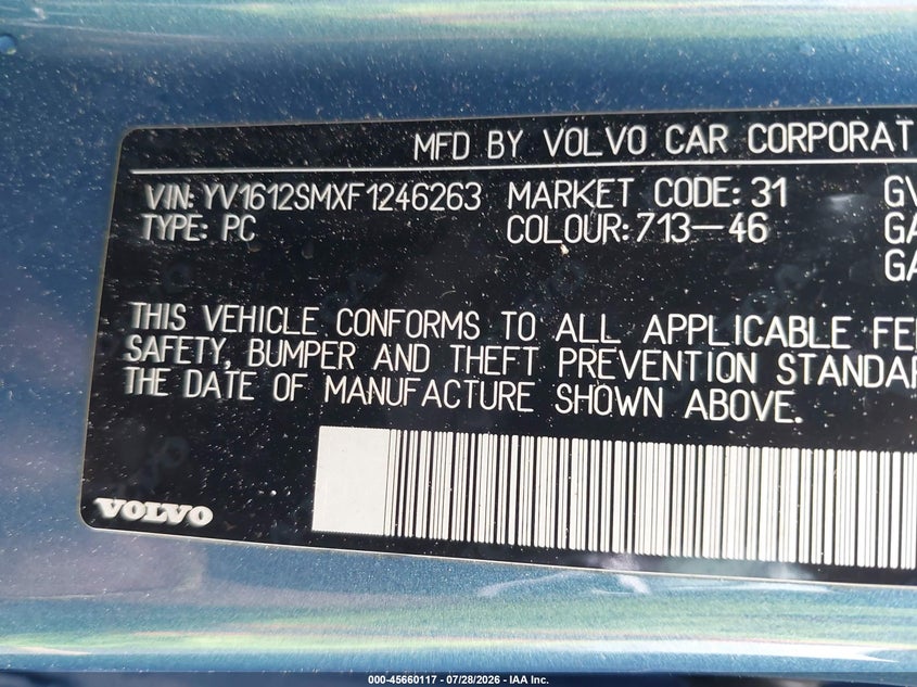 2015 Volvo V60 VIN YV1612SMXF1246263 IAAI salvage auction — NORMAL WEAR, Salvage Title, sold $2,100 on 2026-08-13 (photo 9)