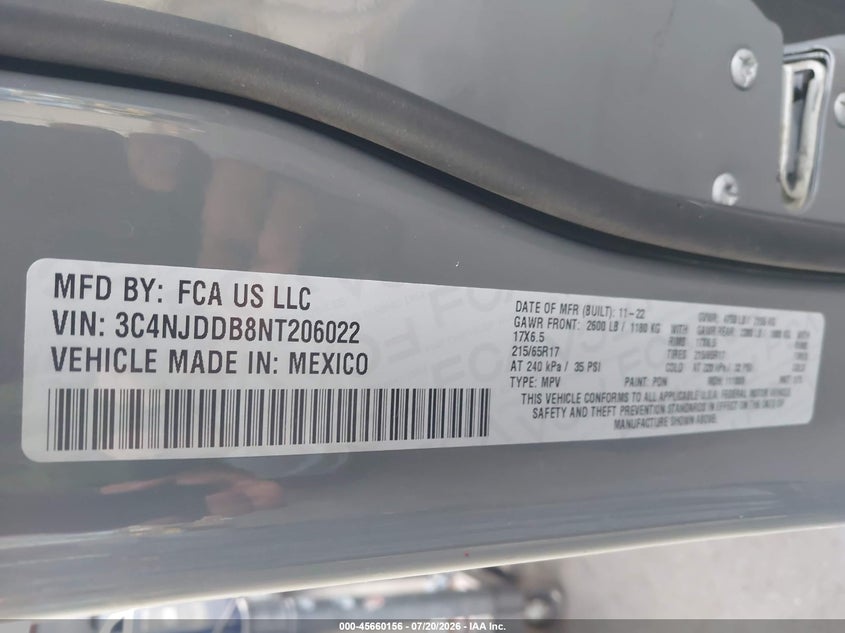 2022 Jeep Compass VIN 3C4NJDDB8NT206022 IAAI salvage auction — FRONT END, Salvage Certificate (California), sold $7,400 on 2026-08-14 (photo 9)