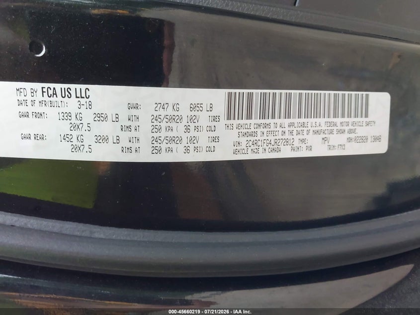 2018 Chrysler Pacifica VIN 2C4RC1FG4JR272812 IAAI salvage auction — STORM DAMAGE, Wait Title, sold $3,350 on 2026-08-26 (photo 9)