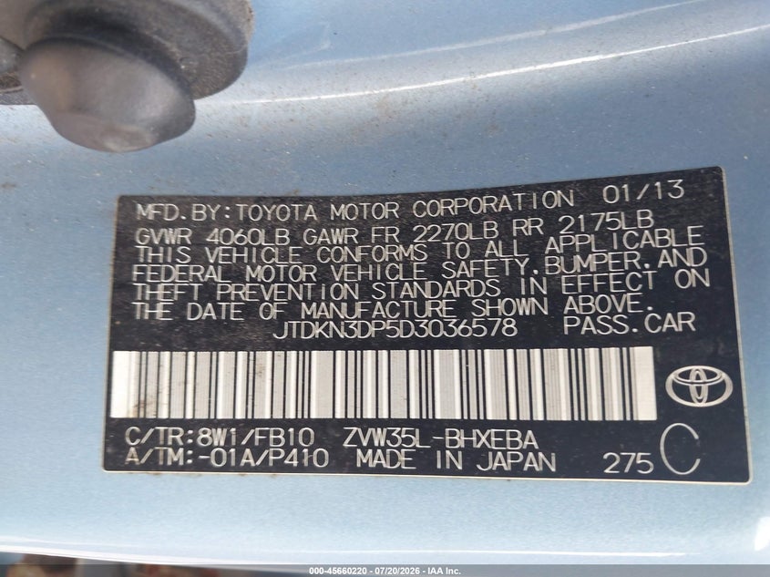 2013 Toyota Prius plug-in VIN JTDKN3DP5D3036578 IAAI salvage auction — NORMAL WEAR, Clear (Massachusetts), sold $25 on 2026-07-31 (photo 9)