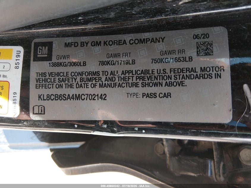 2021 Chevrolet Spark VIN KL8CB6SA4MC702142 IAAI salvage auction — NORMAL WEAR, Clear (Arkansas), sold $25 on 2026-07-28 (photo 9)