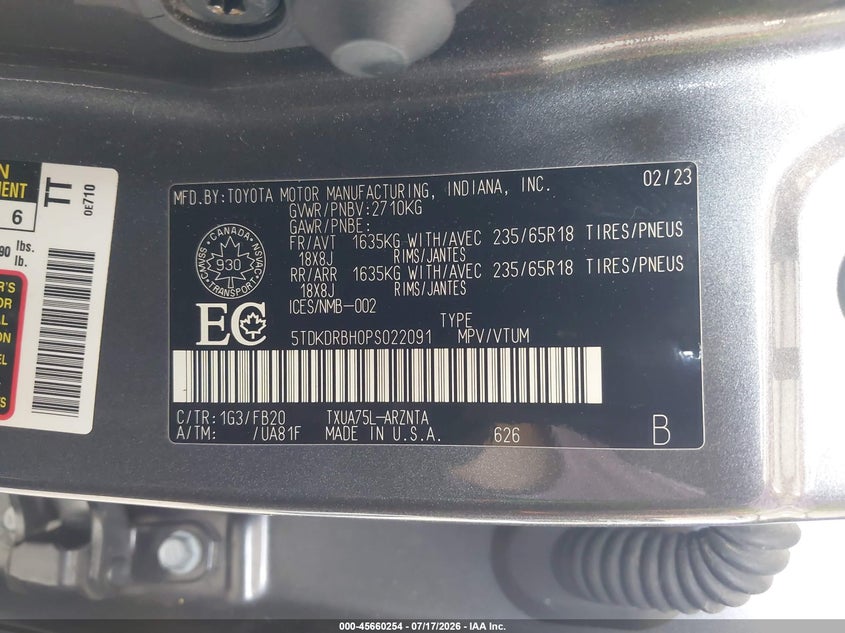 2023 Toyota Highlander VIN 5TDKDRBH0PS022091 IAAI salvage auction — FRONT END, Salvage Title, sold $13,100 on 2026-07-29 (photo 9)