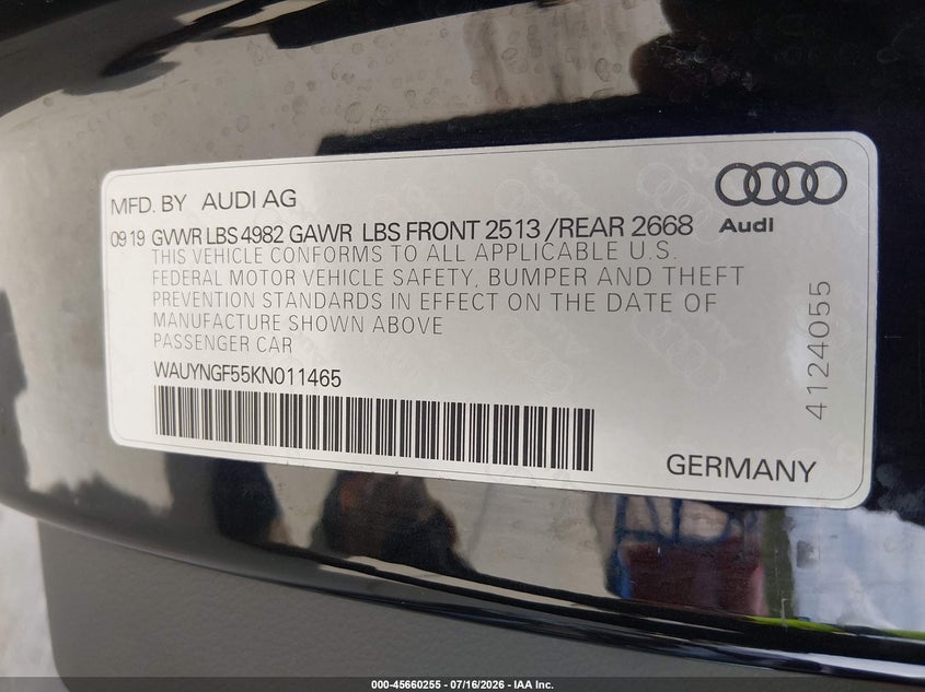 2019 Audi A5 VIN WAUYNGF55KN011465 IAAI salvage auction — FRONT END, Salvage Title, sold $6,500 on 2026-08-26 (photo 9)