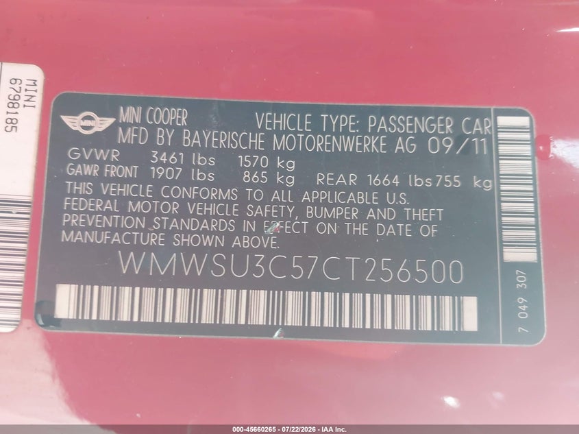 2012 Mini Cooper VIN WMWSU3C57CT256500 IAAI salvage auction — NORMAL WEAR, Clear (Florida), sold $375 on 2026-08-06 (photo 9)