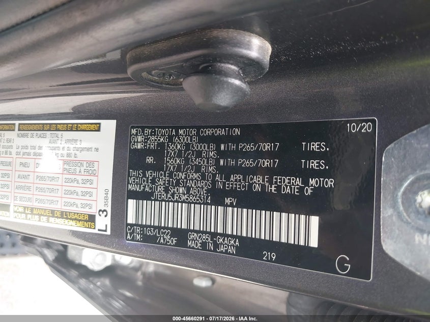 2021 Toyota 4runner VIN JTERU5JR3M5865314 IAAI salvage auction — LEFT FRONT, Salvage (California), sold $21,100 on 2026-07-29 (photo 9)