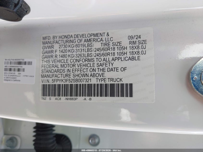 2025 Honda Ridgeline VIN 5FPYK3F52SB007321 IAAI salvage auction — SIDE, Salvage Title, sold $11,900 on 2026-08-18 (photo 9)