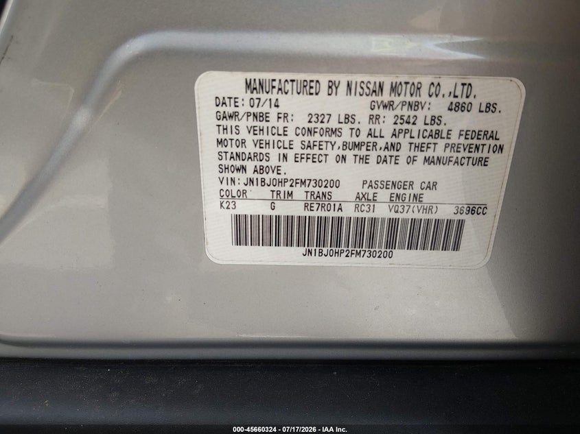 2015 Infiniti Qx50 VIN JN1BJ0HP2FM730200 IAAI salvage auction — RIGHT SIDE, Salvage (Louisiana), sold $1,250 on 2026-08-03 (photo 9)
