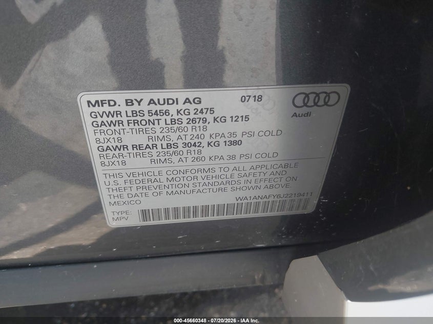 2018 Audi Q5 VIN WA1ANAFY6J2219411 IAAI salvage auction — FRONT & REAR, Salvage Title, sold $6,900 on 2026-08-07 (photo 9)