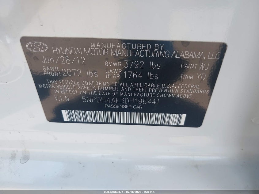 2013 Hyundai Elantra VIN 5NPDH4AE3DH196441 IAAI salvage auction — REAR END, Salvage (Arizona), sold $1,250 on 2026-07-30 (photo 9)