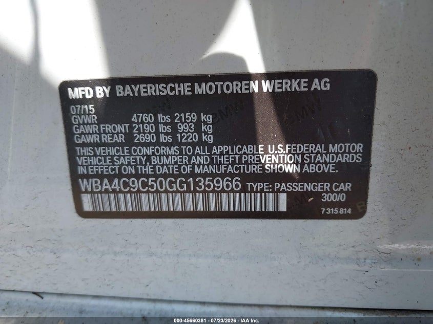 2016 BMW 4er VIN WBA4C9C50GG135966 IAAI salvage auction — LEFT SIDE, Salvage Title, sold $3,100 on 2026-08-19 (photo 9)