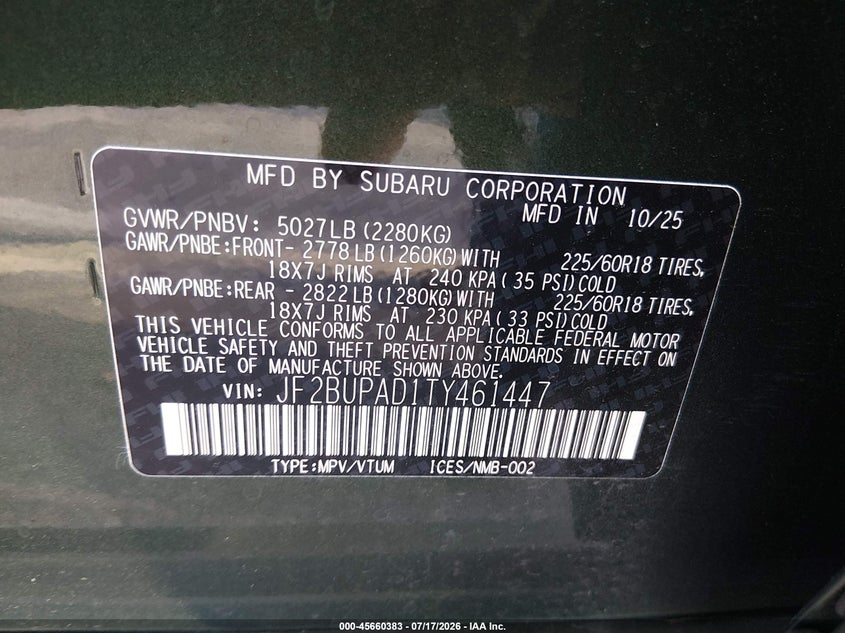 2026 Subaru Outback VIN JF2BUPAD1TY461447 IAAI salvage auction — RIGHT SIDE, Salvage Title, sold $12,400 on 2026-09-11 (photo 9)