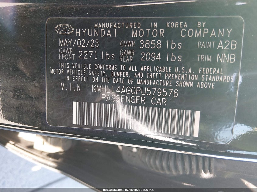 2023 Hyundai Elantra VIN KMHLL4AG0PU579576 IAAI salvage auction — NORMAL WEAR, Sf97 (California), sold $7,950 on 2026-07-30 (photo 9)