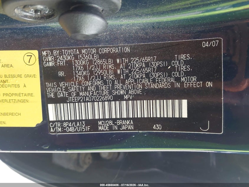 2007 Toyota Highlander VIN JTEEP21A070226890 IAAI salvage auction — NORMAL WEAR, Clear (Kansas), sold $275 on 2026-07-29 (photo 9)