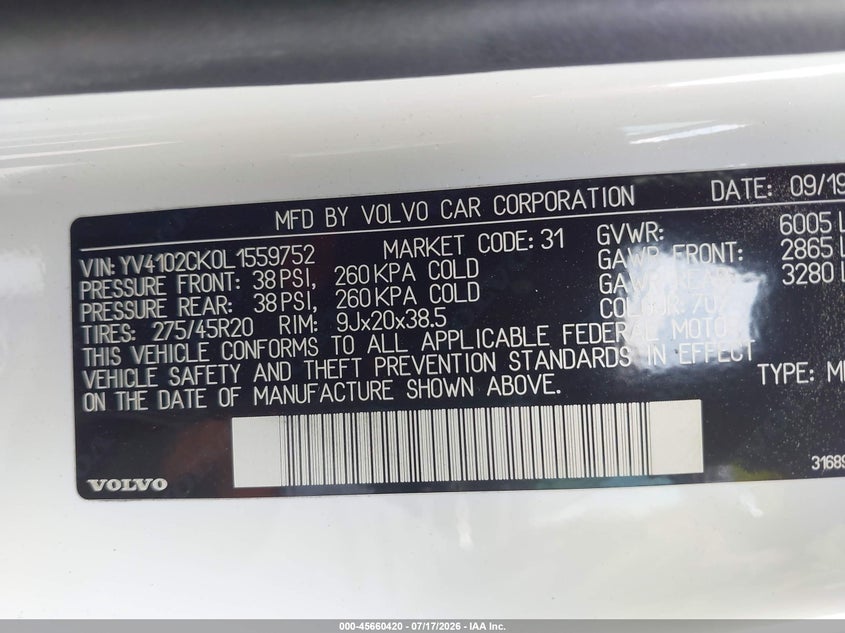2020 Volvo Xc90 VIN YV4102CK0L1559752 IAAI salvage auction — FRONT & REAR, Salvage Title, sold $7,200 on 2026-08-15 (photo 9)