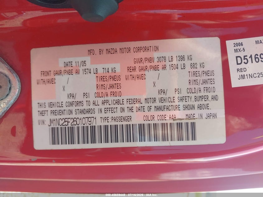 2006 Mazda Mx-5 VIN JM1NC25F260107971 IAAI salvage auction — NORMAL WEAR, Clear (Alabama), sold $225 on 2026-07-29 (photo 9)