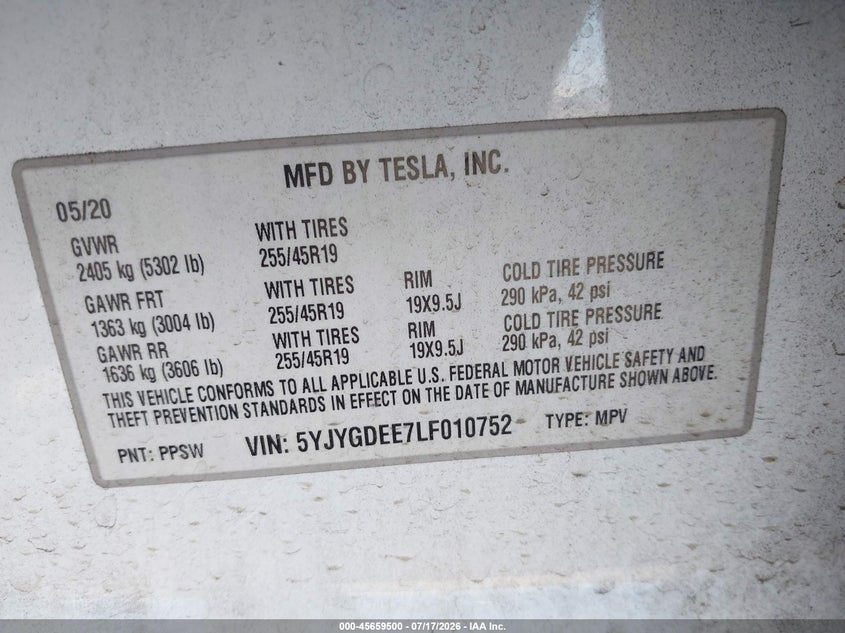 2020 Tesla Model y VIN 5YJYGDEE7LF010752 IAAI salvage auction — REAR END, Salvage Title, sold $7,950 on 2026-08-21 (photo 9)