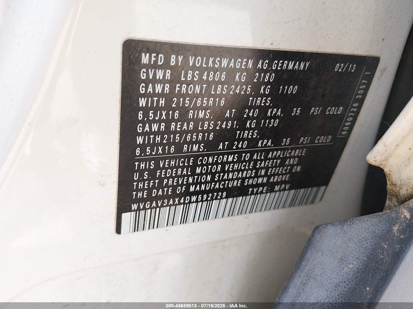 2013 Volkswagen Tiguan VIN WVGAV3AX4DW592729 IAAI salvage auction — NORMAL WEAR, Original (Texas), sold $375 on 2026-07-29 (photo 9)