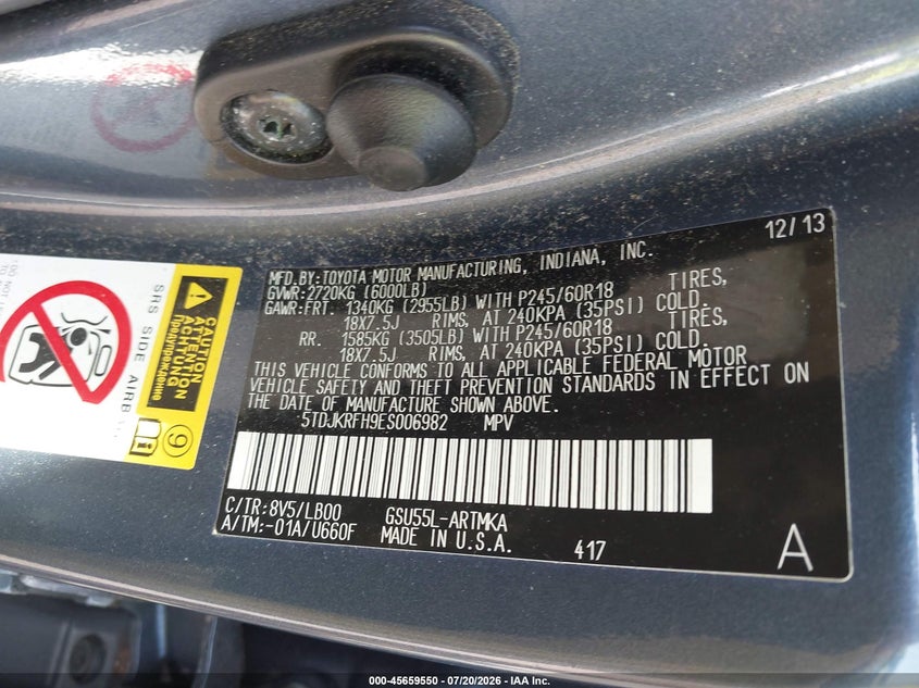 2014 Toyota Highlander VIN 5TDJKRFH9ES006982 IAAI salvage auction — FRONT END, Clear (Massachusetts), sold $2,100 on 2026-07-28 (photo 8)