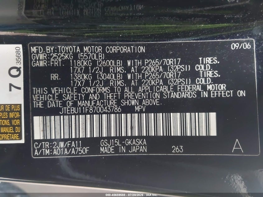 2007 Toyota Fj cruiser VIN JTEBU11F870043786 IAAI salvage auction — NORMAL WEAR, Clear (Virginia), sold $3,550 on 2026-07-28 (photo 9)
