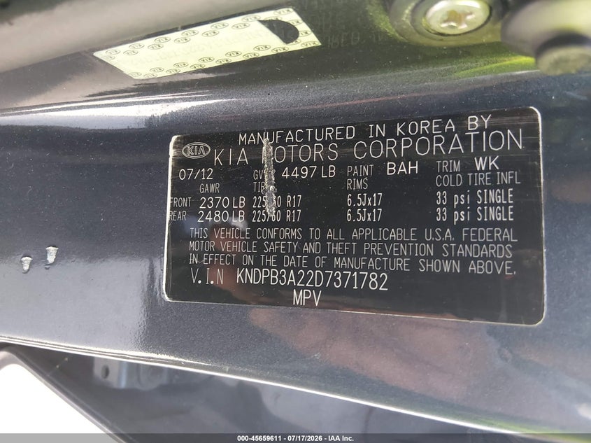 2013 Kia Sportage VIN KNDPB3A22D7371782 IAAI salvage auction — NORMAL WEAR, Original (Texas), sold $1,250 on 2026-07-24 (photo 9)