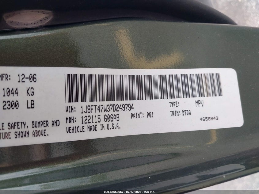 2007 Jeep Compass VIN 1J8FT47W37D249794 IAAI salvage auction — RIGHT FRONT, Rebuildable (Florida), sold $375 on 2026-08-15 (photo 9)