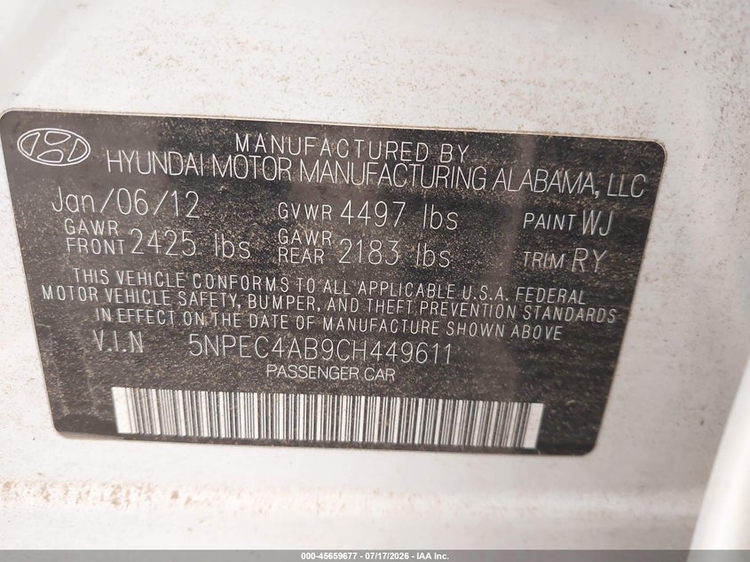 2012 Hyundai Sonata VIN 5NPEC4AB9CH449611 IAAI salvage auction — UNKNOWN, Clear (New Jersey), sold $450 on 2026-07-28 (photo 9)