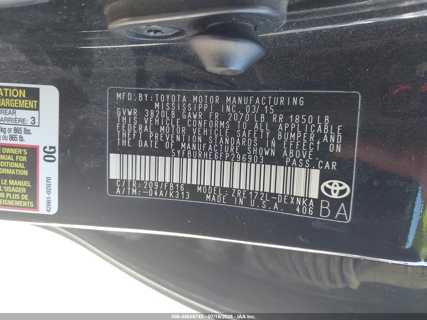 2015 Toyota Corolla VIN 5YFBURHE6FP296903 IAAI salvage auction — NORMAL WEAR, Clear - Dealer Only (California), sold $1,150 on 2026-07-22 (photo 9)