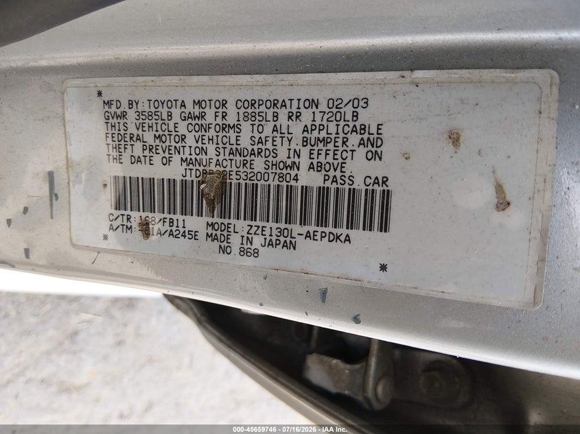 2003 Toyota Corolla VIN JTDBR32E532007804 IAAI salvage auction — NORMAL WEAR, Clear (Virginia), sold $725 on 2026-07-24 (photo 9)