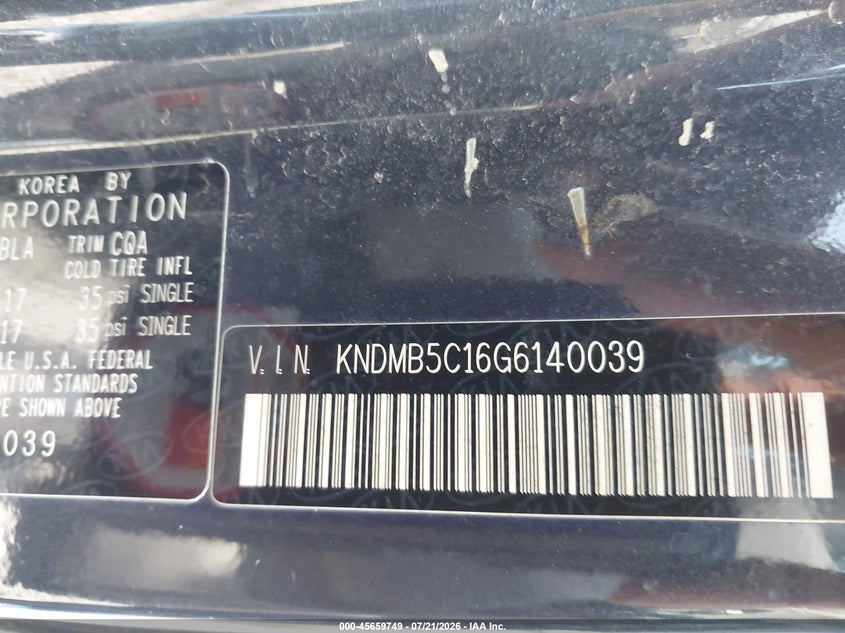 2016 Kia SEDONA VIN KNDMB5C16G6140039 IAAI salvage auction — FRONT END, Clear (Indiana), sold $25 on 2026-07-29 (photo 9)