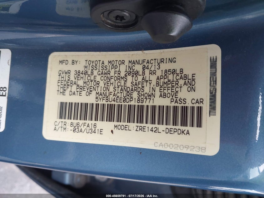 2013 Toyota Corolla VIN 5YFBU4EE0DP189771 IAAI salvage auction — FRONT END, Salvage Title, sold $975 on 2026-08-01 (photo 9)