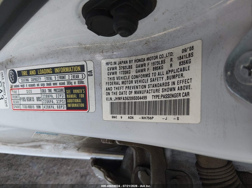 2009 Honda Civic hybrid VIN JHMFA36209S004499 IAAI salvage auction — NORMAL WEAR, Clear (Colorado), sold $50 on 2026-07-28 (photo 9)