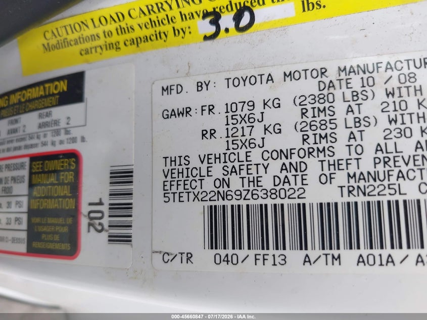 2009 Toyota Tacoma VIN 5TETX22N69Z638022 IAAI salvage auction — NORMAL WEAR, Original (Texas), sold $3,300 on 2026-07-29 (photo 9)