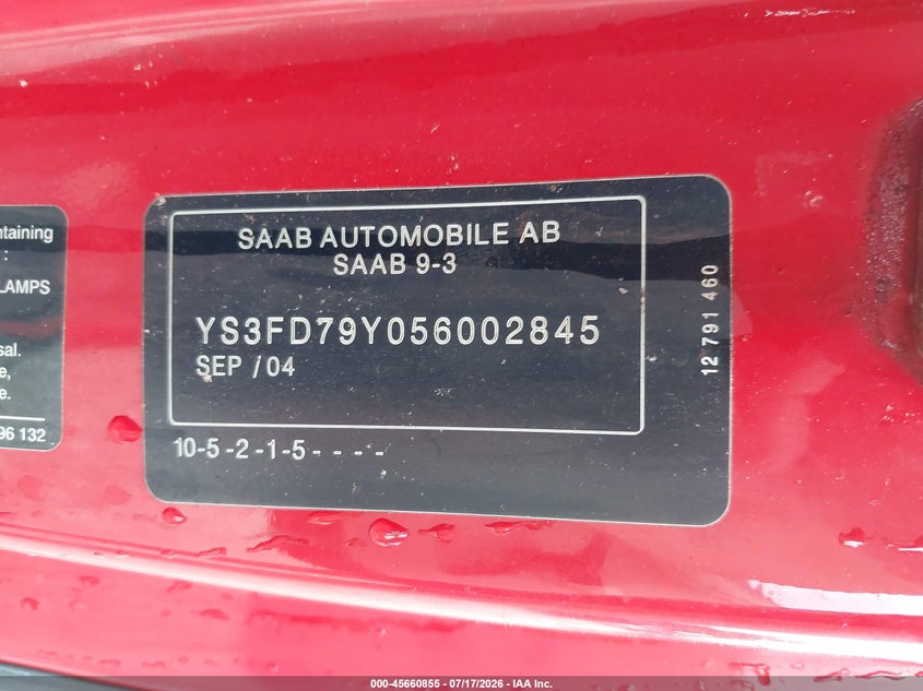 2005 Saab 9-3 VIN YS3FD79Y056002845 IAAI salvage auction — NORMAL WEAR, Clear (Missouri), sold $25 on 2026-07-30 (photo 9)
