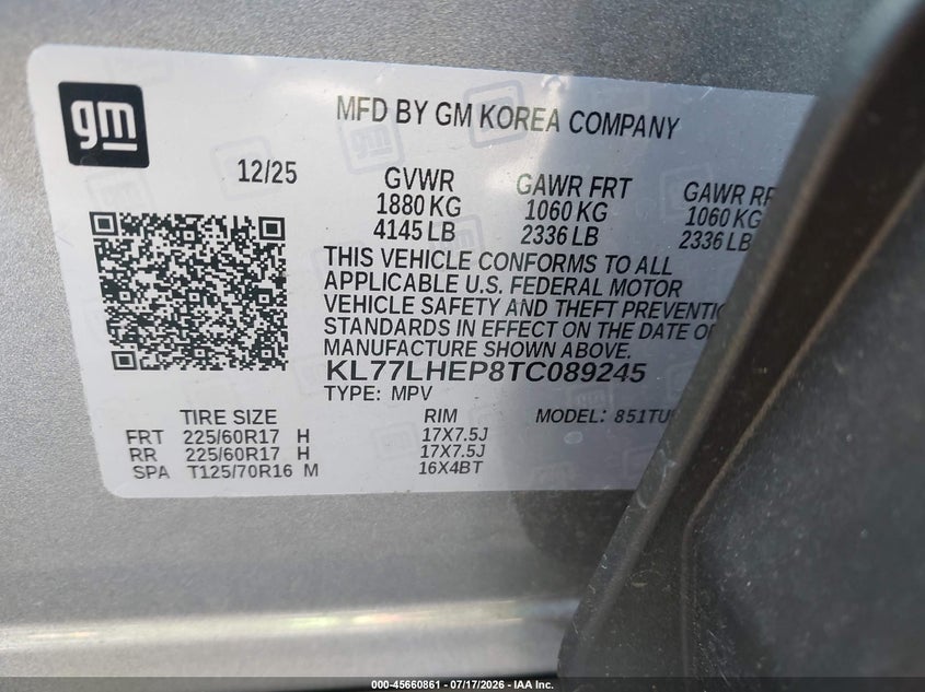 2026 Chevrolet Trax VIN KL77LHEP8TC089245 IAAI salvage auction — REAR END, Enterprise Vehicles Clear Only (Georgia), sold $13,850 on 2026-07-22 (photo 9)