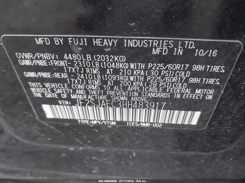 2017 Subaru Forester VIN JF2SJAEC3HH483917 IAAI salvage auction — NORMAL WEAR, Clear (Florida), sold $1,300 on 2026-07-29 (photo 9)