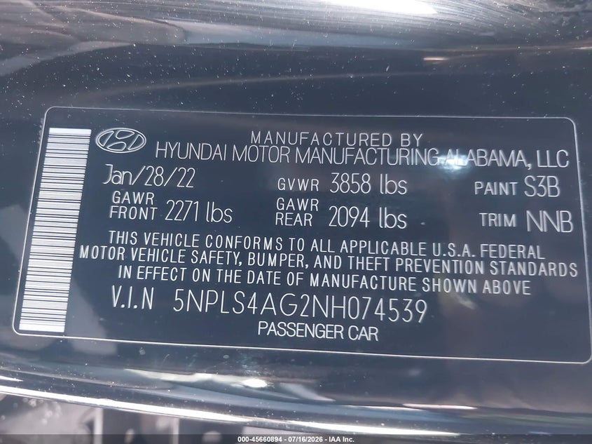 2022 Hyundai Elantra VIN 5NPLS4AG2NH074539 IAAI salvage auction — FRONT END, Salvage (California), sold $2,350 on 2026-08-21 (photo 9)