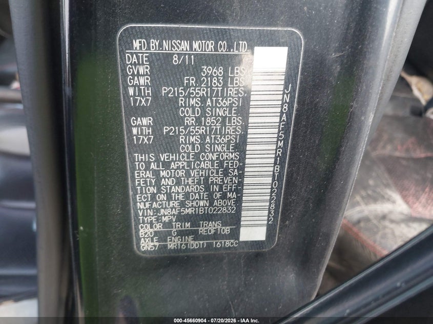 2011 Nissan Juke VIN JN8AF5MR1BT022832 IAAI salvage auction — NORMAL WEAR, Original (Texas), sold $425 on 2026-07-28 (photo 9)