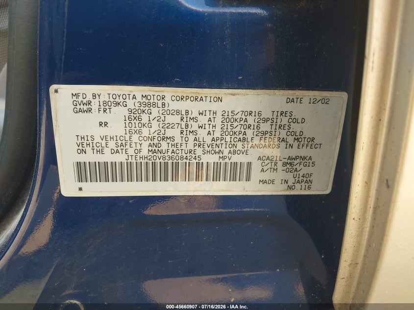 2003 Toyota Rav4 VIN JTEHH20V836084245 IAAI salvage auction — NORMAL WEAR, Clear (Massachusetts), sold $300 on 2026-07-29 (photo 9)